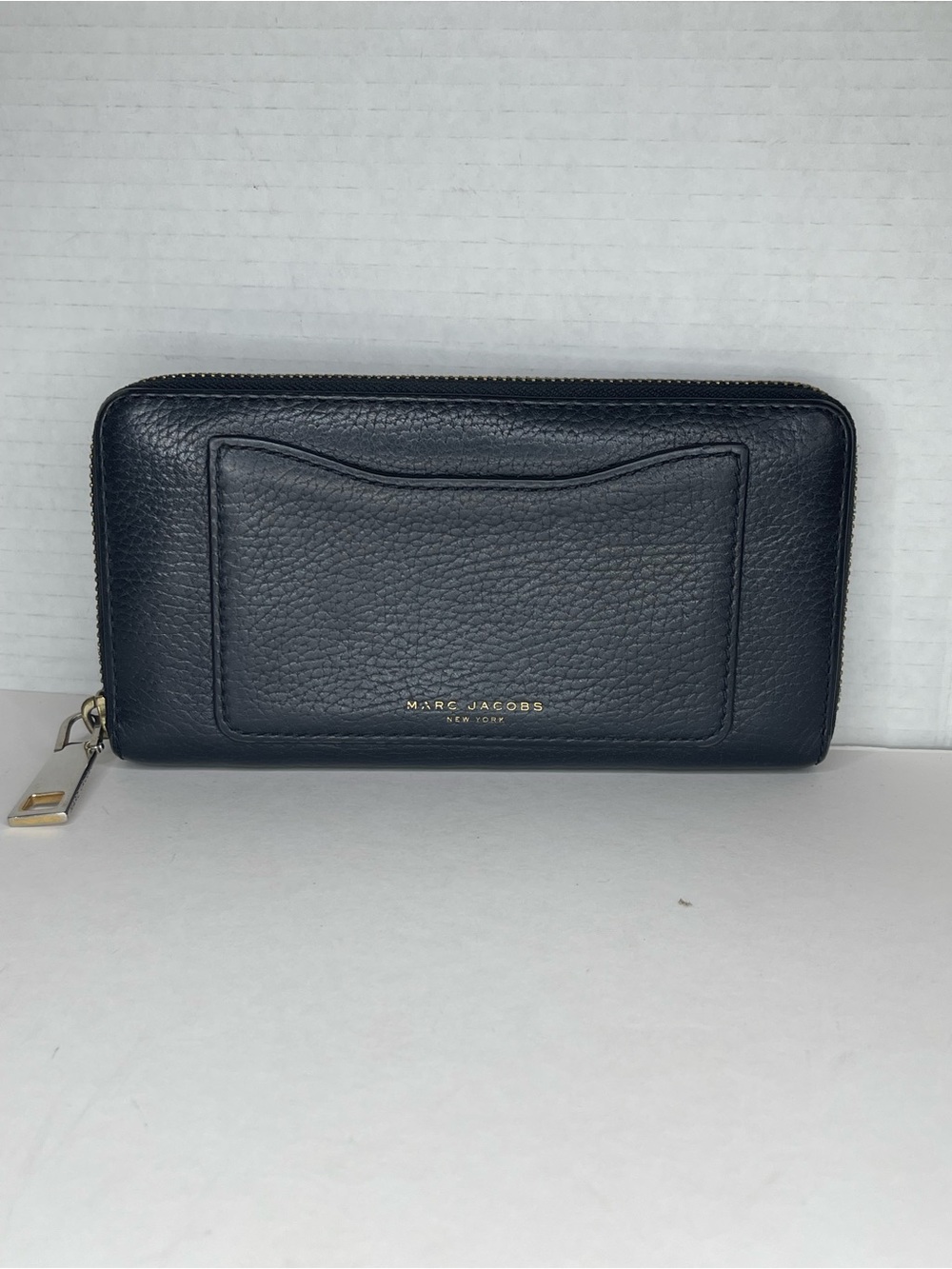 Marc Jacobs Black Pebbled Leather Zip Around Wallet with Gold Accent